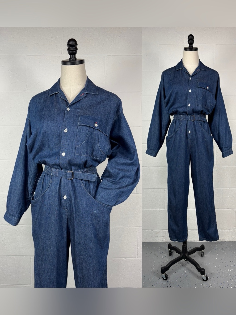 Vintage 80s Calvin Klein Blue Denim Utility Jumpsuit Boiler Flight Suit PETITE S